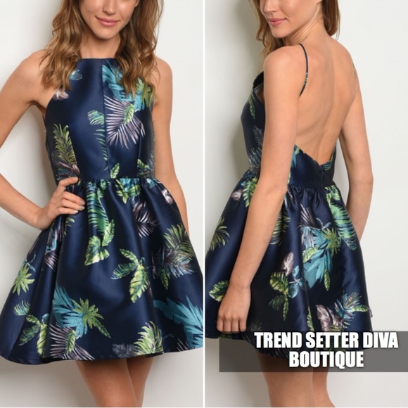 NAVY WITH TROPICAL PRINT PALM DRESS - Picture 1 of 8